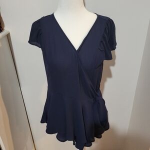 NWT LOFT Black Wrap Short Flutter Sleeve Flowy Blouse Lightweight | SP